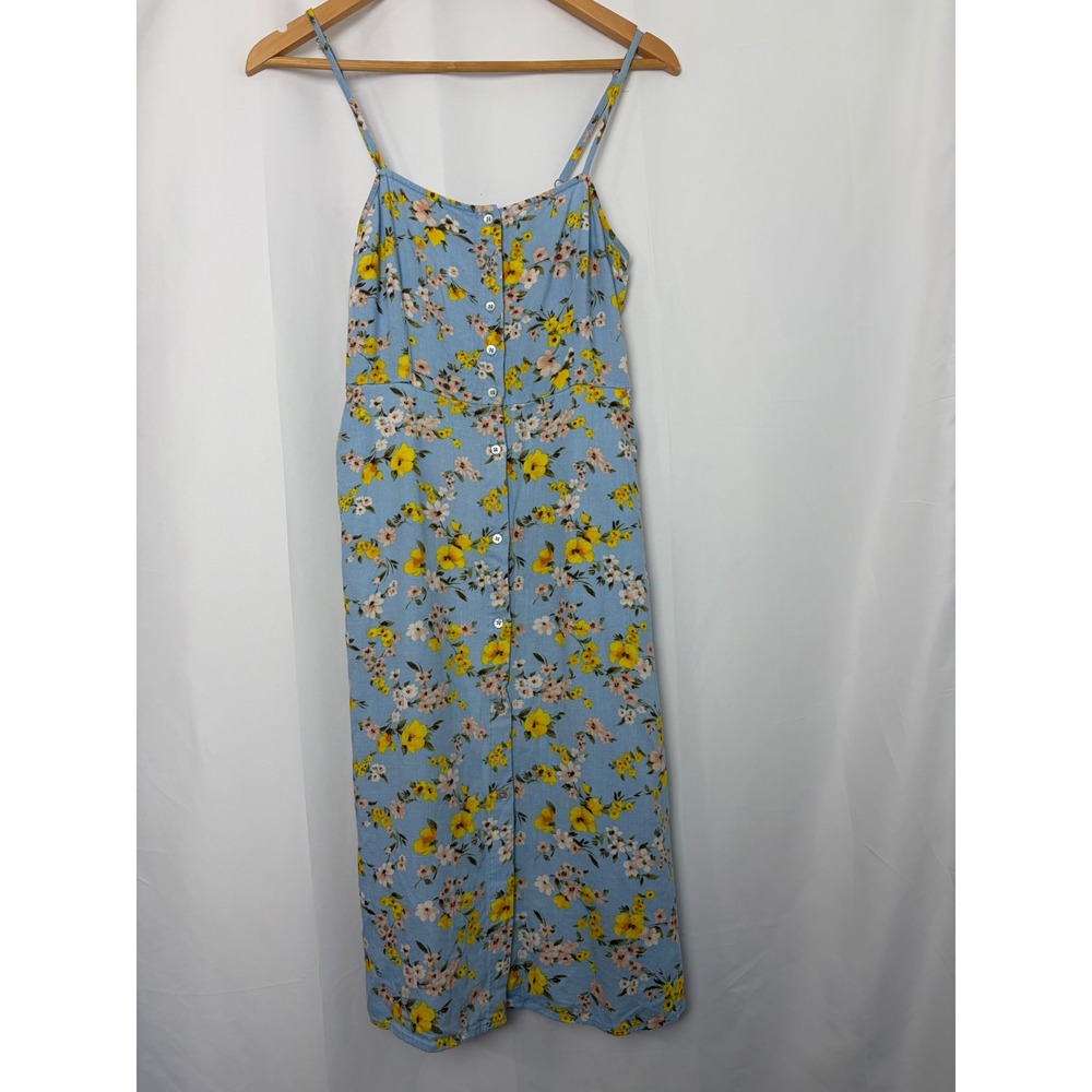Forever 21 Blue Floral Linen‎ Blend Button Front Midi Dress Womens M Pockets
